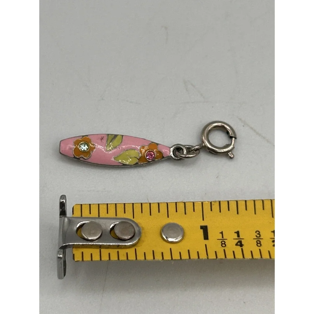 Vintage Silver &‎ Enamel Surfboard Charm W/ Flowers Floral Design